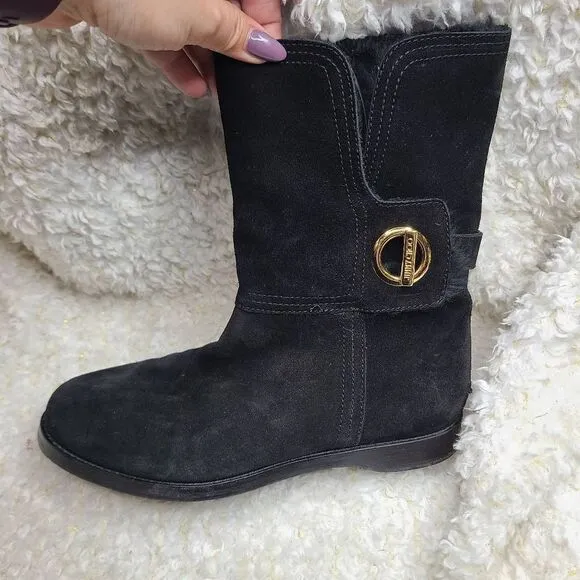 Jimmy Choo Black Suede Leather Mid Calf Fur Lined Boots sz‎ 36.5