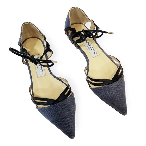 Jimmy Choo Canvas and Leather D’Orsay Pointy Flat Shoes