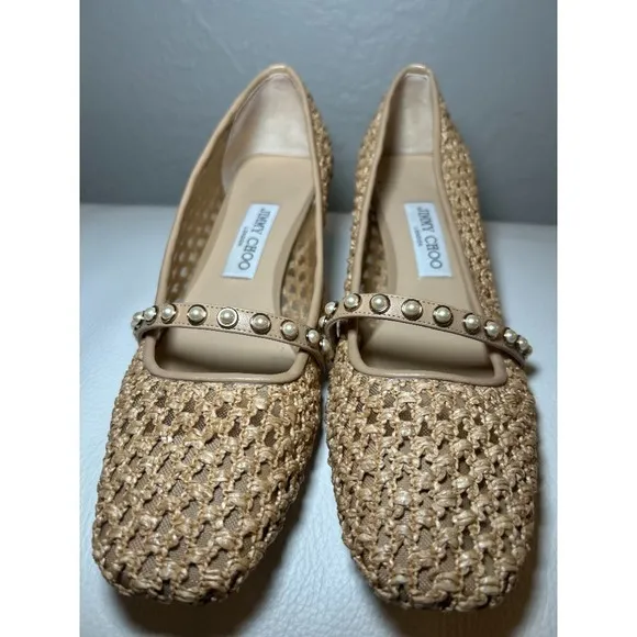 Jimmy Choo Dellena Flats Pink Nappa Leather Pearl Studs Size 9 | Box Included