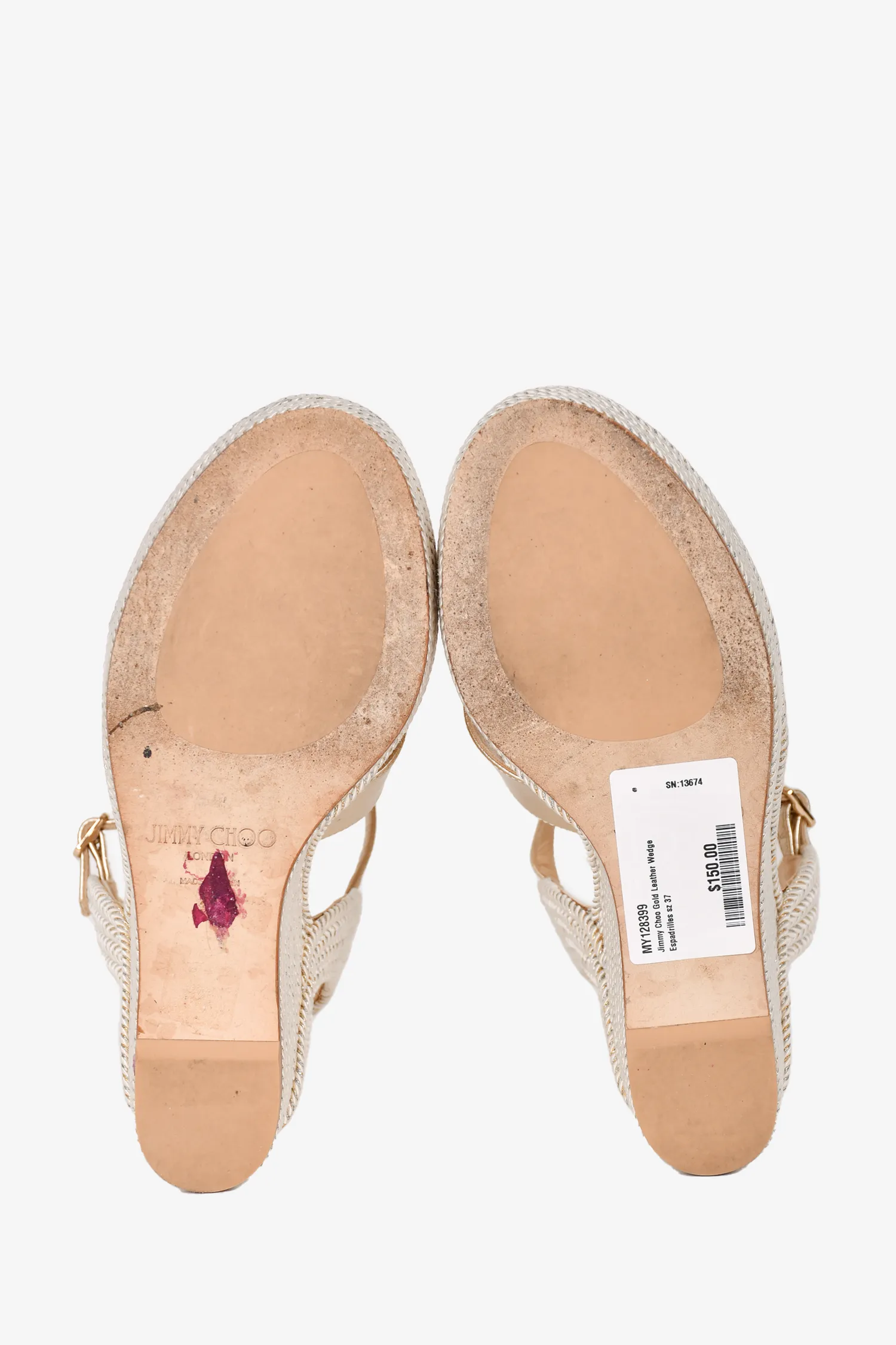 Jimmy Choo Gold Leather Wedge Espadrilles Size 37