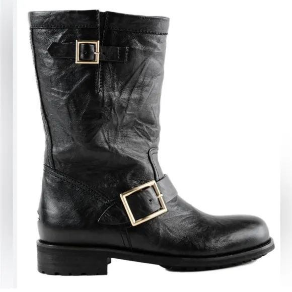 Jimmy Choo Men’s Fur Lined Leather Moto Boots, Black, 43 Euro, 10 US