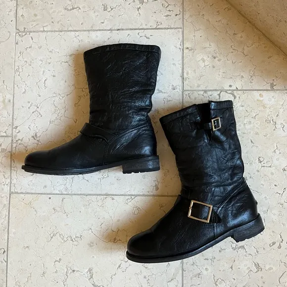 Jimmy Choo Men’s Fur Lined Leather Moto Boots, Black, 43 Euro, 10 US