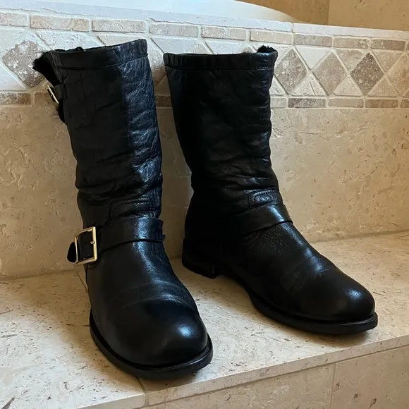 Jimmy Choo Men’s Fur Lined Leather Moto Boots, Black, 43 Euro, 10 US