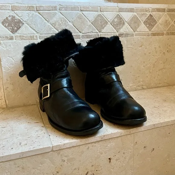 Jimmy Choo Men’s Fur Lined Leather Moto Boots, Black, 43 Euro, 10 US