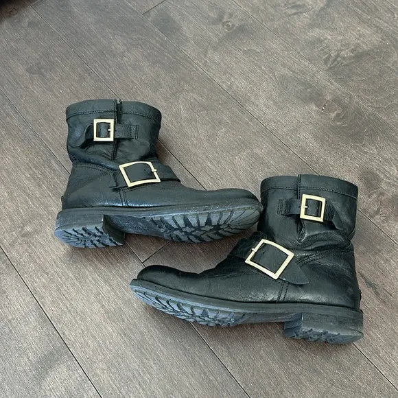 Jimmy Choo Youth Buckled Crinkled-Leather Black Ankle Boots Size 37