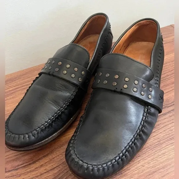 John Varvatos Men’s 9 Studded Black Leather Glam Rock Loafers Handmade in Italy