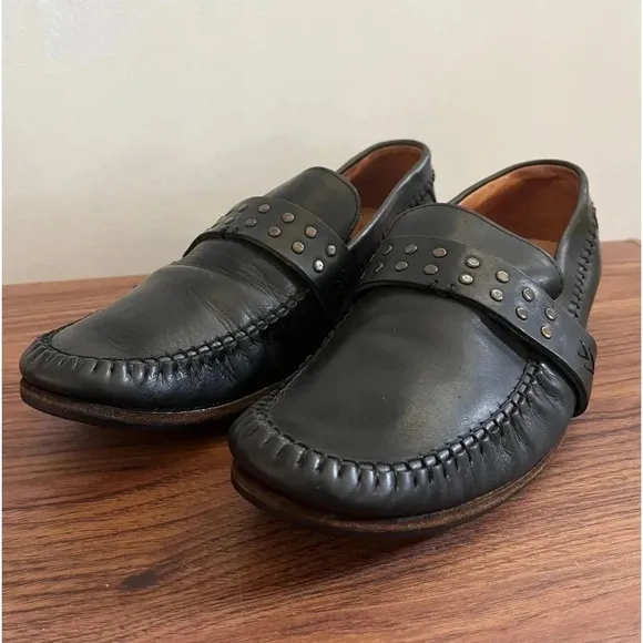 John Varvatos Men’s 9 Studded Black Leather Glam Rock Loafers Handmade in Italy