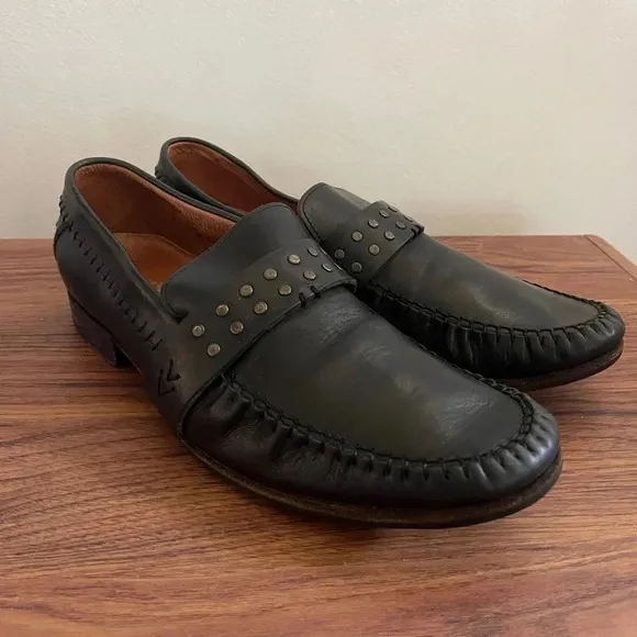 John Varvatos Men’s 9 Studded Black Leather Glam Rock Loafers Handmade in Italy