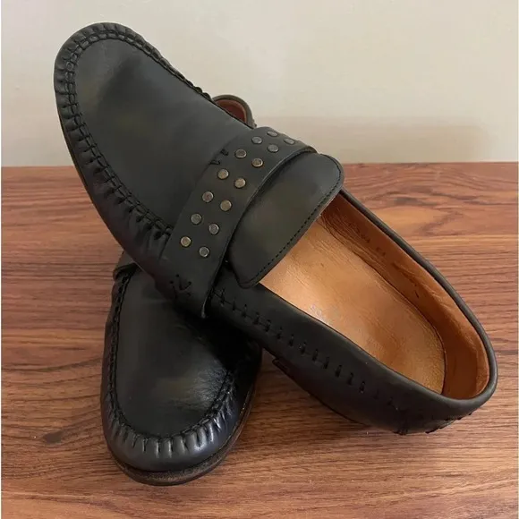 John Varvatos Men’s 9 Studded Black Leather Glam Rock Loafers Handmade in Italy