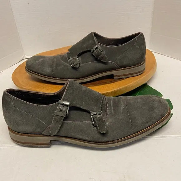 John Varvatos Smokey Grey Leather Buckled Oxford Loafers