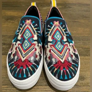 Johnny Was Blue Hutton Embroidered Slip On Sneakers Sz. 41