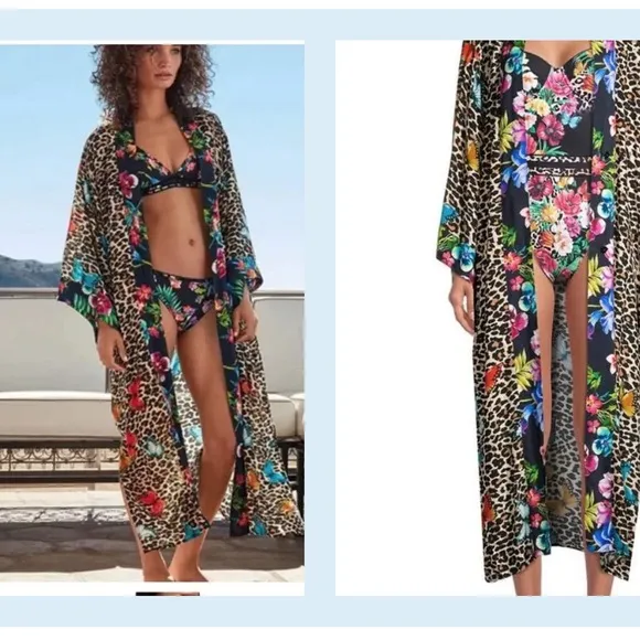 Johnny Was Butterfly Wild Kimono Robe Blue White  Print Belted Coverup