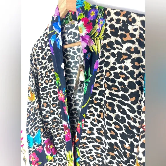 Johnny Was Butterfly Wild Kimono Robe Blue White  Print Belted Coverup