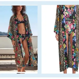 Johnny Was Butterfly Wild Kimono Robe Blue White  Print Belted Coverup