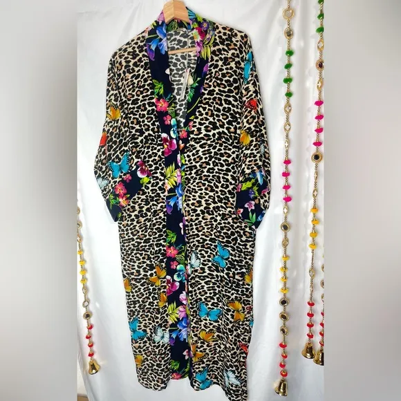 Johnny Was Butterfly Wild Kimono Robe Blue White  Print Belted Coverup
