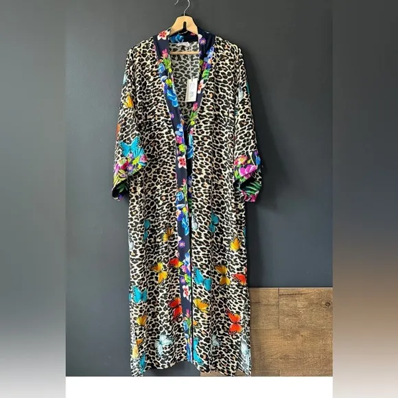 Johnny Was Butterfly Wild Kimono Robe Blue White  Print Belted Coverup