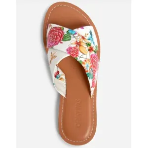 Johnny Was NWT Women's 8 &amp; 9 Andra Cross Sandal ~ White Leather Floral Slip-on