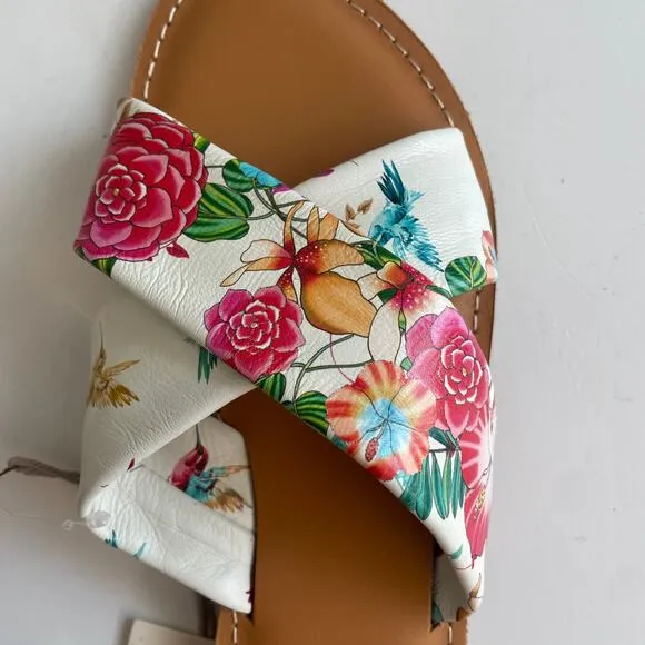 Johnny Was NWT Women's 8 &amp; 9 Andra Cross Sandal ~ White Leather Floral Slip-on