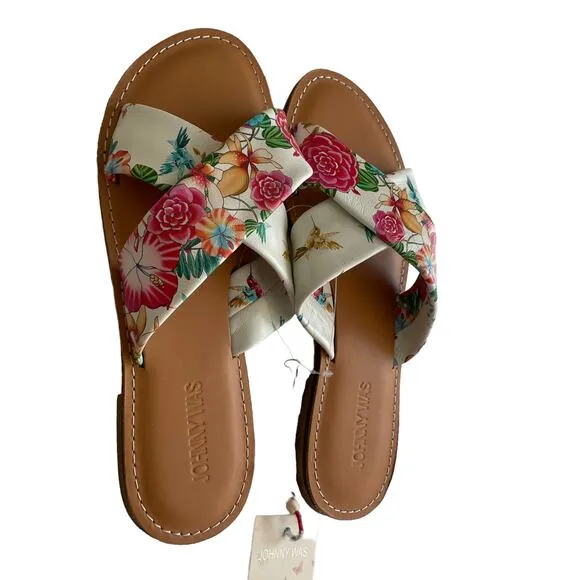 Johnny Was NWT Women's 8 &amp; 9 Andra Cross Sandal ~ White Leather Floral Slip-on