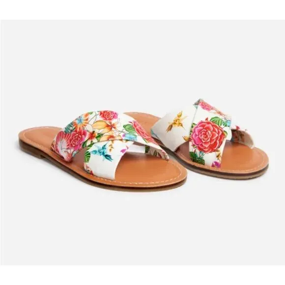 Johnny Was NWT Women's 8 &amp; 9 Andra Cross Sandal ~ White Leather Floral Slip-on