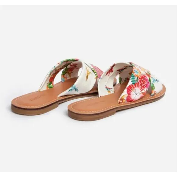 Johnny Was NWT Women's 8 &amp; 9 Andra Cross Sandal ~ White Leather Floral Slip-on