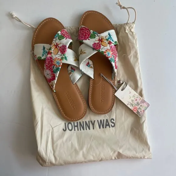 Johnny Was NWT Women's 8 &amp; 9 Andra Cross Sandal ~ White Leather Floral Slip-on