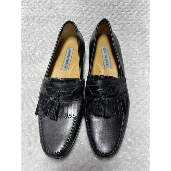 Johnston &amp; Murphy Black Leather Tassel Loafer Kiltie Shoe Size 11 N Excellent