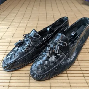 Johnston &amp; Murphy Black Leather Woven Vamp Tassel Loafers Sz 11N Made In Italy