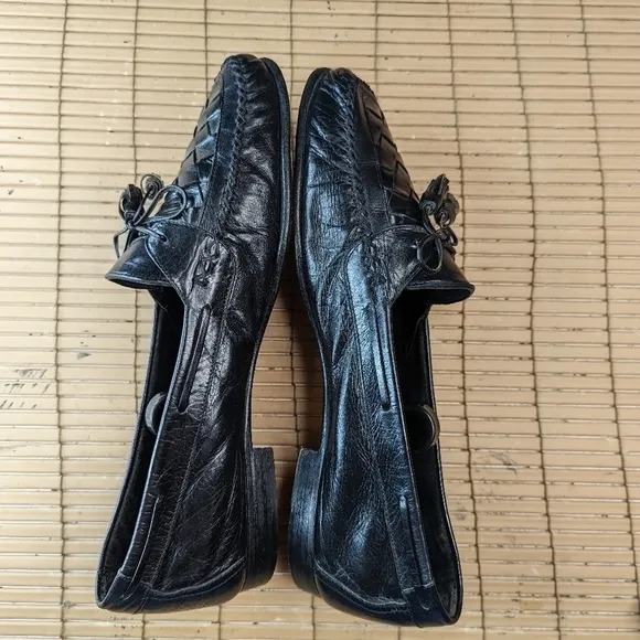 Johnston &amp; Murphy Black Leather Woven Vamp Tassel Loafers Sz 11N Made In Italy