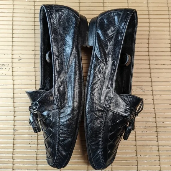 Johnston &amp; Murphy Black Leather Woven Vamp Tassel Loafers Sz 11N Made In Italy