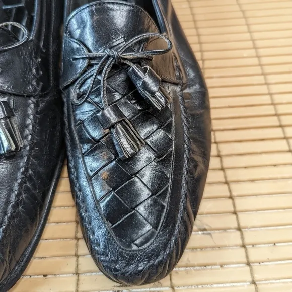 Johnston &amp; Murphy Black Leather Woven Vamp Tassel Loafers Sz 11N Made In Italy