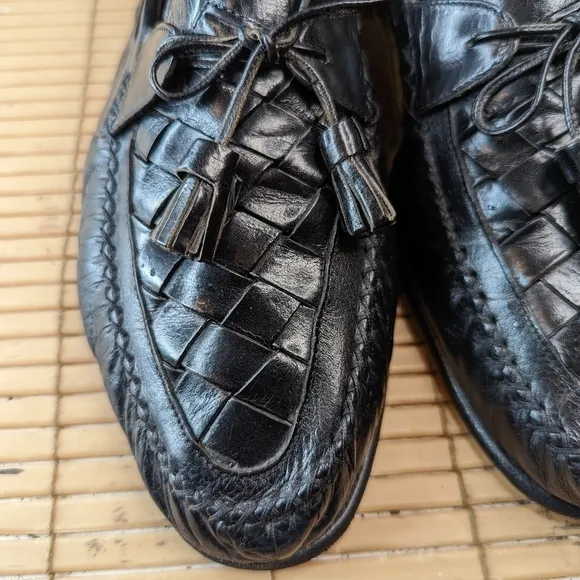 Johnston &amp; Murphy Black Leather Woven Vamp Tassel Loafers Sz 11N Made In Italy