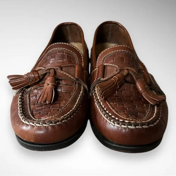 JOHNSTON &amp; MURPHY Passport Brown Leather Weave Tip Tassel Loafers Size 13 | EUC
