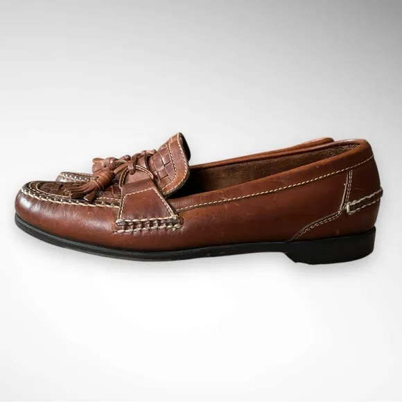 JOHNSTON &amp; MURPHY Passport Brown Leather Weave Tip Tassel Loafers Size 13 | EUC