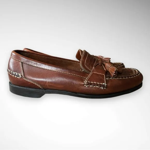 JOHNSTON &amp; MURPHY Passport Brown Leather Weave Tip Tassel Loafers Size 13 | EUC