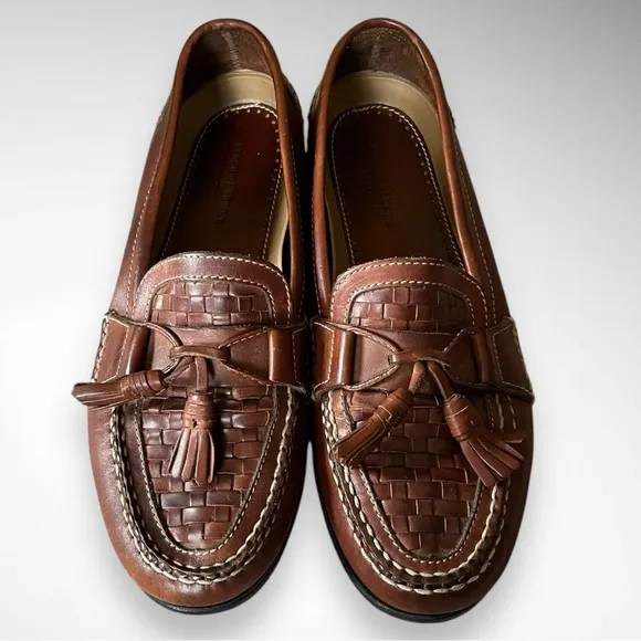 JOHNSTON &amp; MURPHY Passport Brown Leather Weave Tip Tassel Loafers Size 13 | EUC