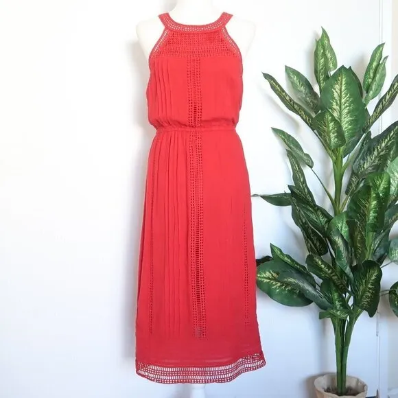 Joie Dance Red Cotton Eyelet Lace Sleeveless Halter Midi Dress Extra Small XS