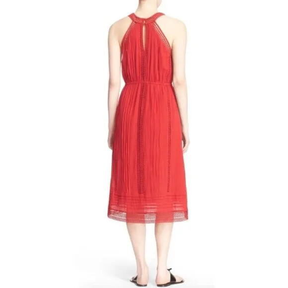 Joie Dance Red Cotton Eyelet Lace Sleeveless Halter Midi Dress Extra Small XS