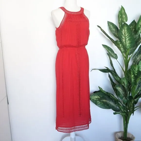 Joie Dance Red Cotton Eyelet Lace Sleeveless Halter Midi Dress Extra Small XS