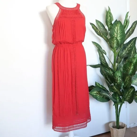 Joie Dance Red Cotton Eyelet Lace Sleeveless Halter Midi Dress Extra Small XS