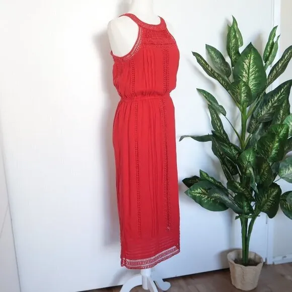 Joie Dance Red Cotton Eyelet Lace Sleeveless Halter Midi Dress Extra Small XS