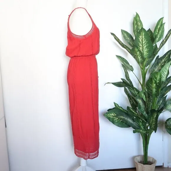 Joie Dance Red Cotton Eyelet Lace Sleeveless Halter Midi Dress Extra Small XS