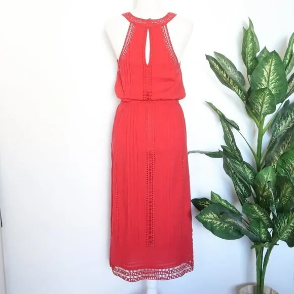 Joie Dance Red Cotton Eyelet Lace Sleeveless Halter Midi Dress Extra Small XS