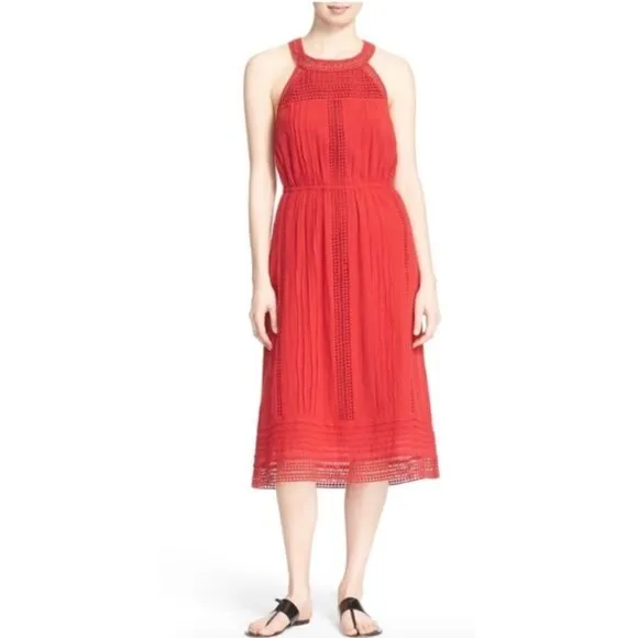 Joie Dance Red Cotton Eyelet Lace Sleeveless Halter Midi Dress Extra Small XS