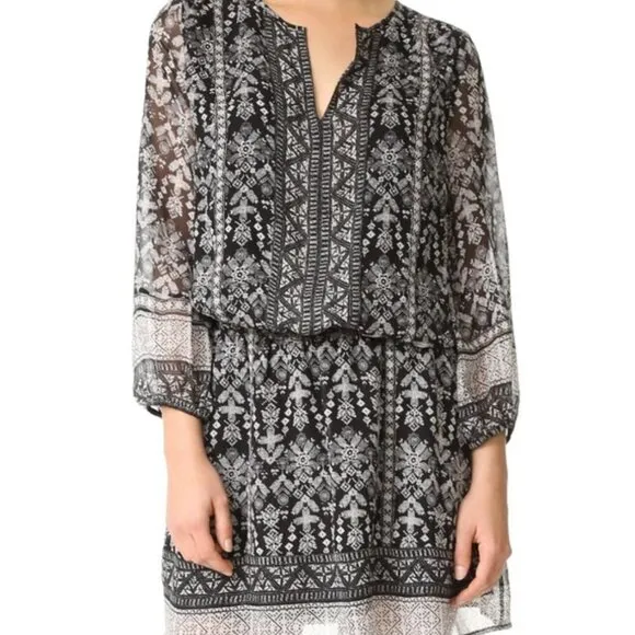 Joie Galene Black White Grey Print 100% Silk Blouson Mini Dress XXS