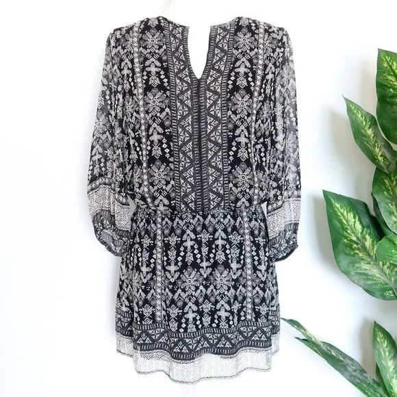 Joie Galene Black White Grey Print 100% Silk Blouson Mini Dress XXS