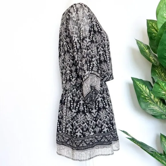 Joie Galene Black White Grey Print 100% Silk Blouson Mini Dress XXS