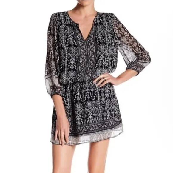 Joie Galene Black White Grey Print 100% Silk Blouson Mini Dress XXS