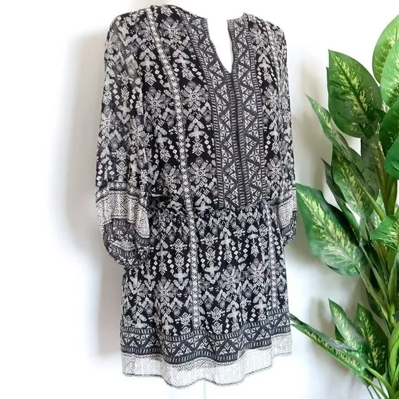 Joie Galene Black White Grey Print 100% Silk Blouson Mini Dress XXS