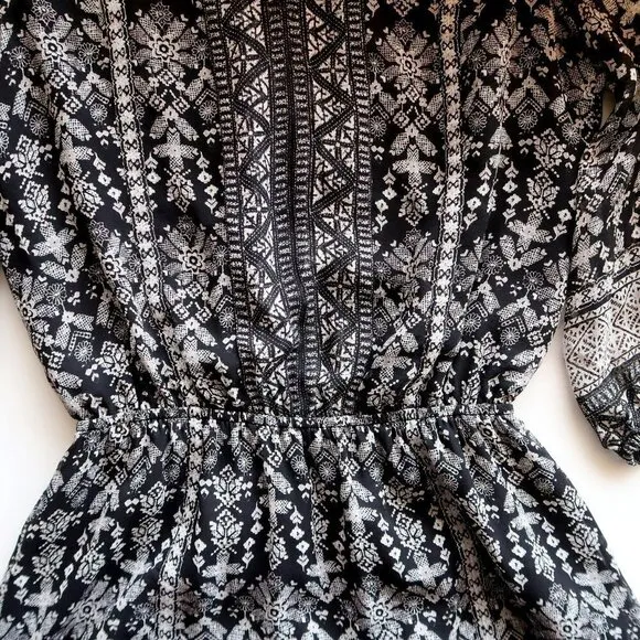 Joie Galene Black White Grey Print 100% Silk Blouson Mini Dress XXS